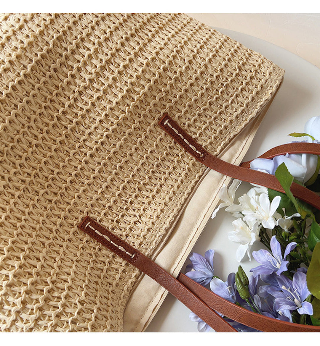 Rattan Woven Bag with Leather Straps - SummerBreeze Tote-Brown-The Livary