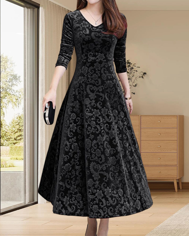 Velvet Midi Dress with Long Sleeves - Selina-Red wine-M-The Livary