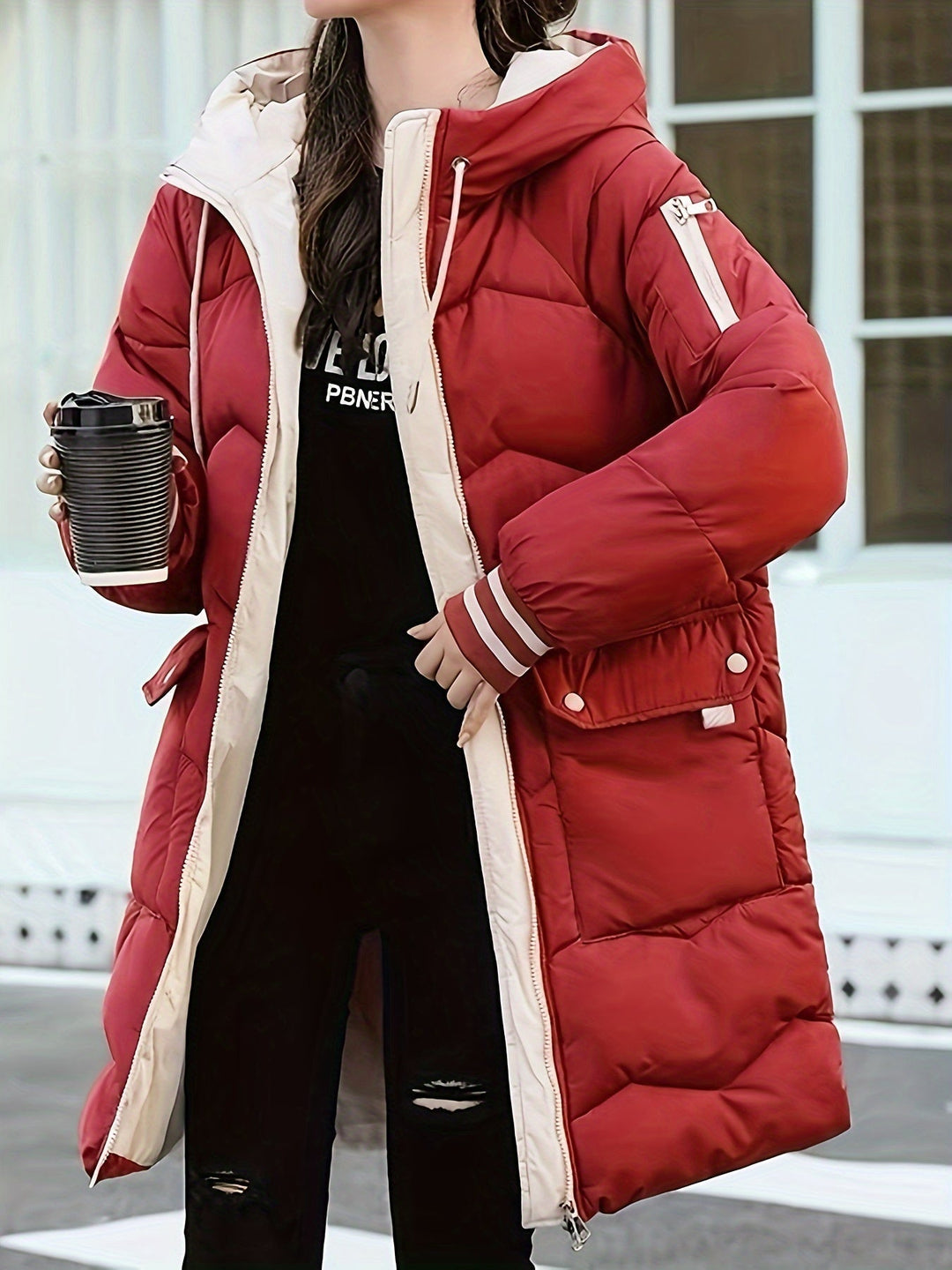 Warm Quilted Hoodie Jacket with Zip - Valencia-Red-S-The Livary