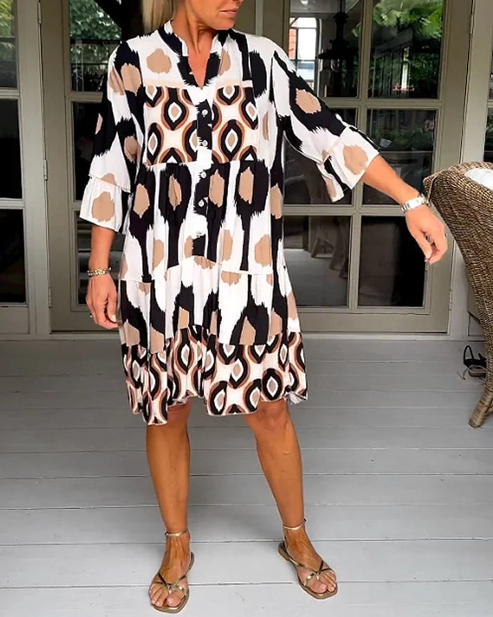 Trendy short-sleeved dress with abstract print & loose fit – Liora-Brown-S-The Livary