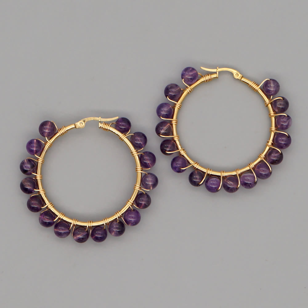 Boho Natural Crystals Large Hoop Earrings - Sanne-Amethyst-The Livary
