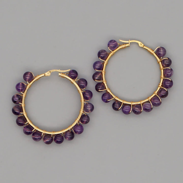 Boho Natural Crystals Large Hoop Earrings - Sanne-Amethyst-The Livary
