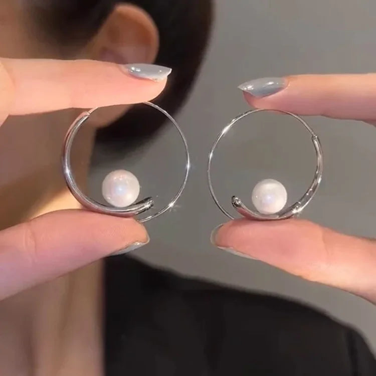 Large Pearl Circle Earrings - Camille-Silver-The Livary