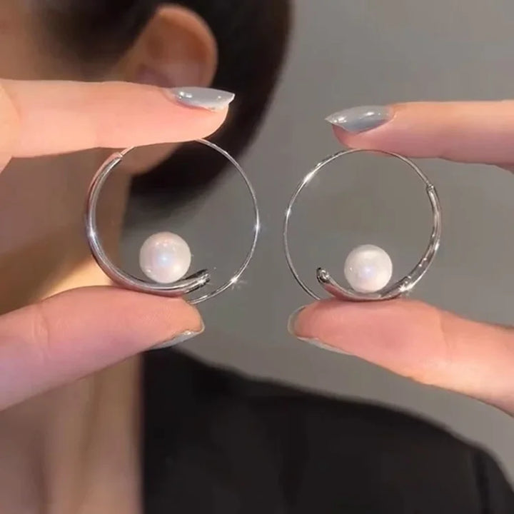 Large Pearl Circle Earrings - Camille-Silver-The Livary