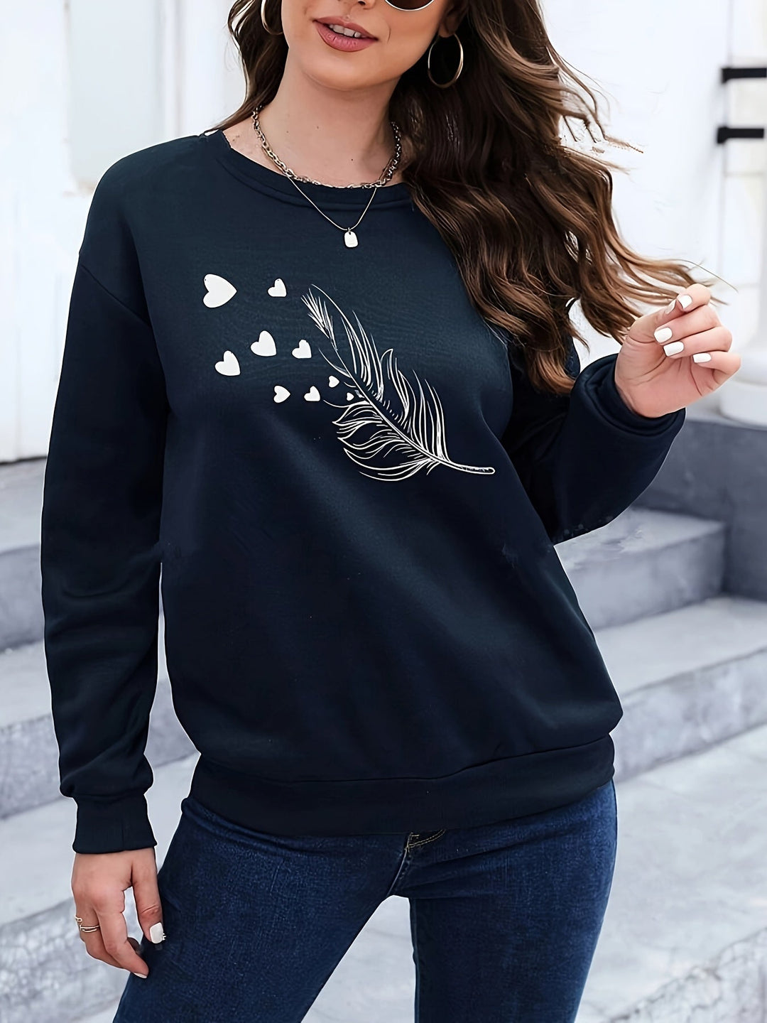 Casual Sweatshirt with Feather Print - Marisa-Dark green-S-The Livary