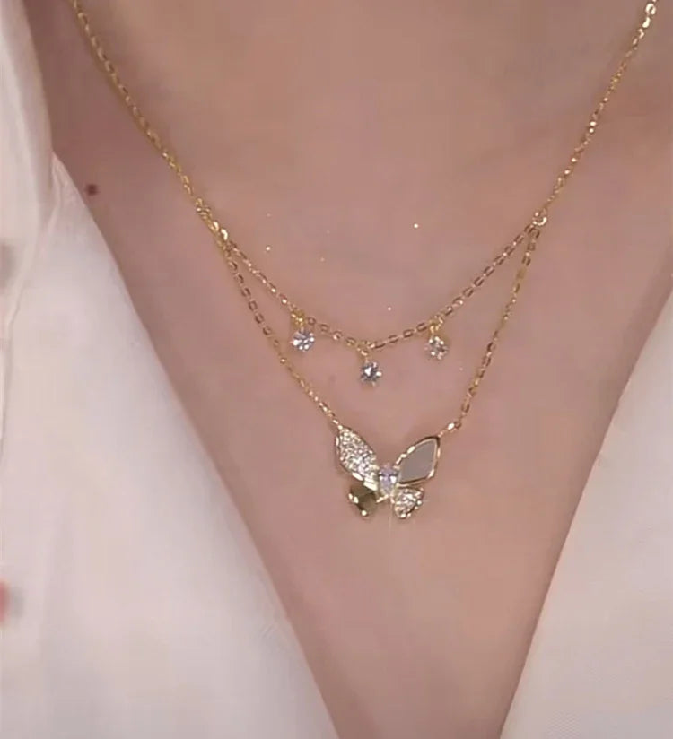 Double-layered Zirconia and Mother-of-pearl Butterfly Necklace - Elayna-The Livary
