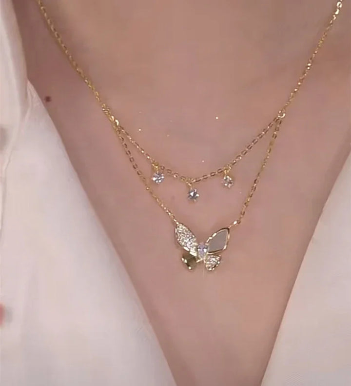 Double-layered Zirconia and Mother-of-pearl Butterfly Necklace - Elayna-The Livary