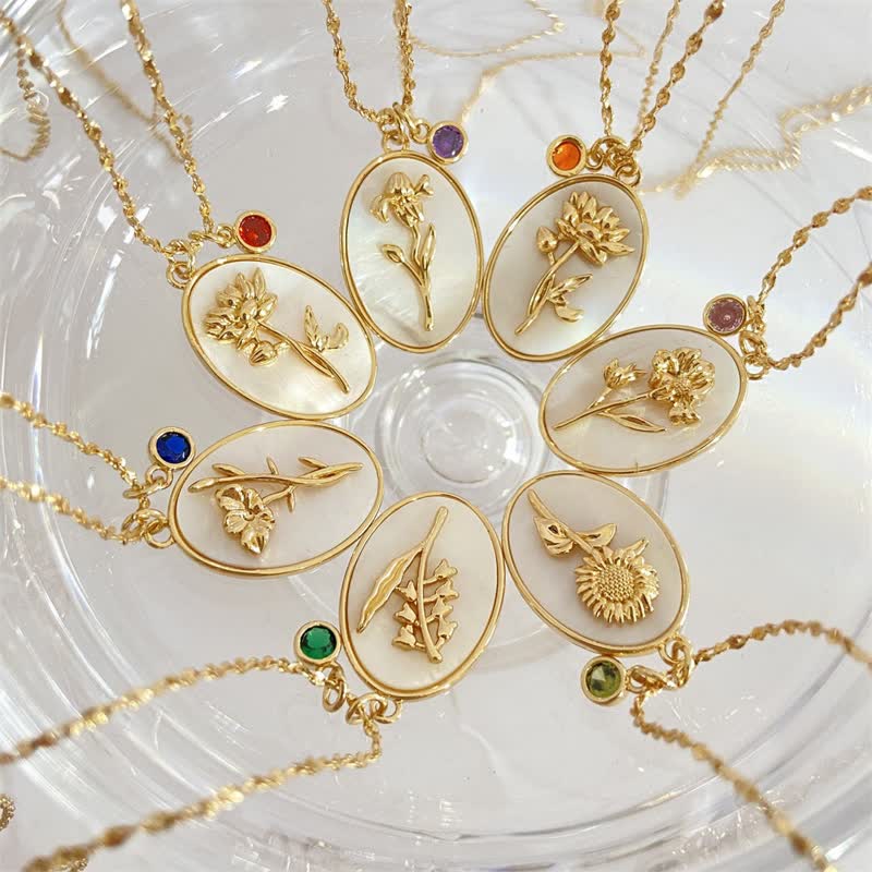 Birthstone with Birth Flowers Necklace - Aurora-January - Carnation-The Livary
