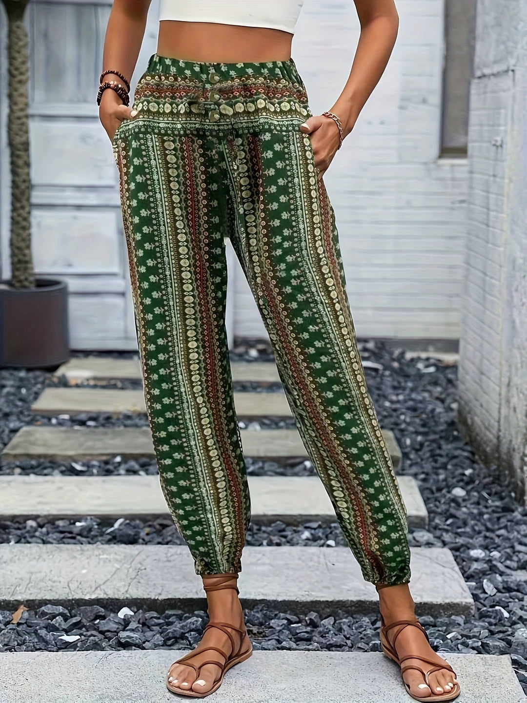 Boho High-Waist Women's Trousers with Print & Smocked Waistband – Linara-Green-S-The Livary