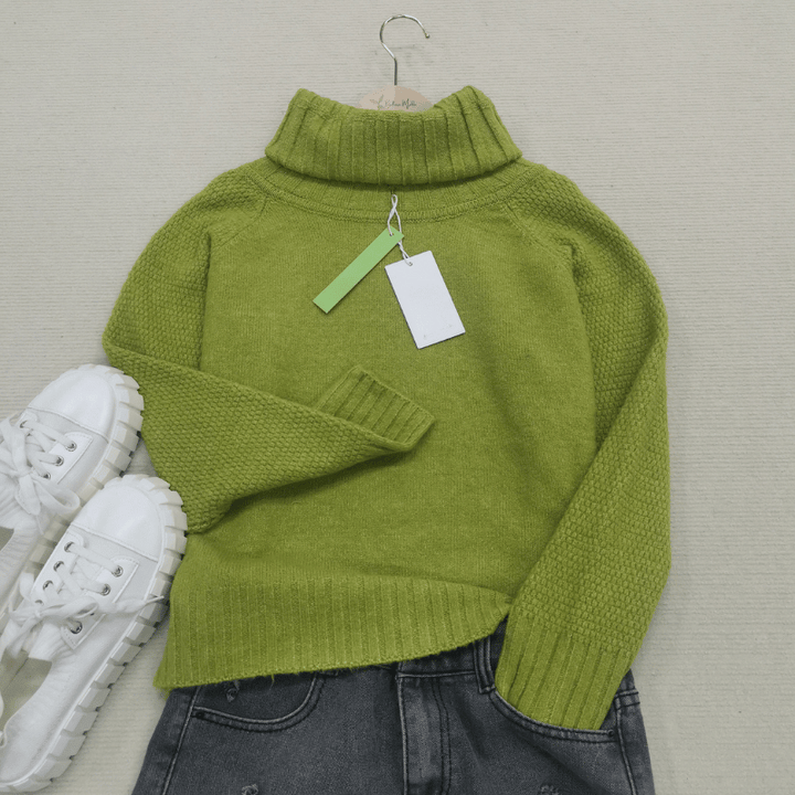 Grass Green Oversized Knitted Women's Turtleneck Sweater - Nora-S-The Livary
