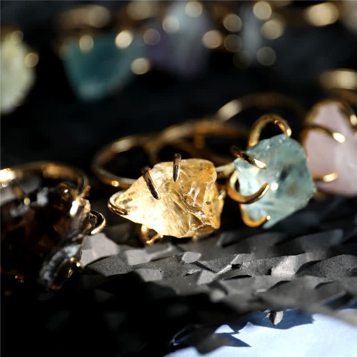 Six Claw Natural Crystal Adjustable Ring - Liora-Fluorite-Gold-The Livary