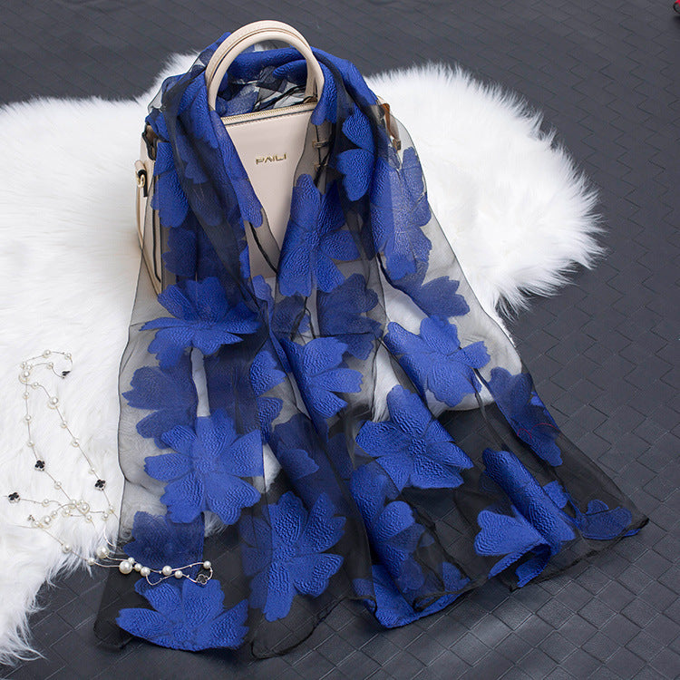Trendy women's silk scarf with floral pattern and cut-out design – Fiora (1+1 FREE)-Royal blue-The Livary