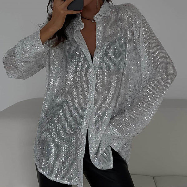 Loose Blouse with Shiny Sequins – Celeste-White-S-The Livary
