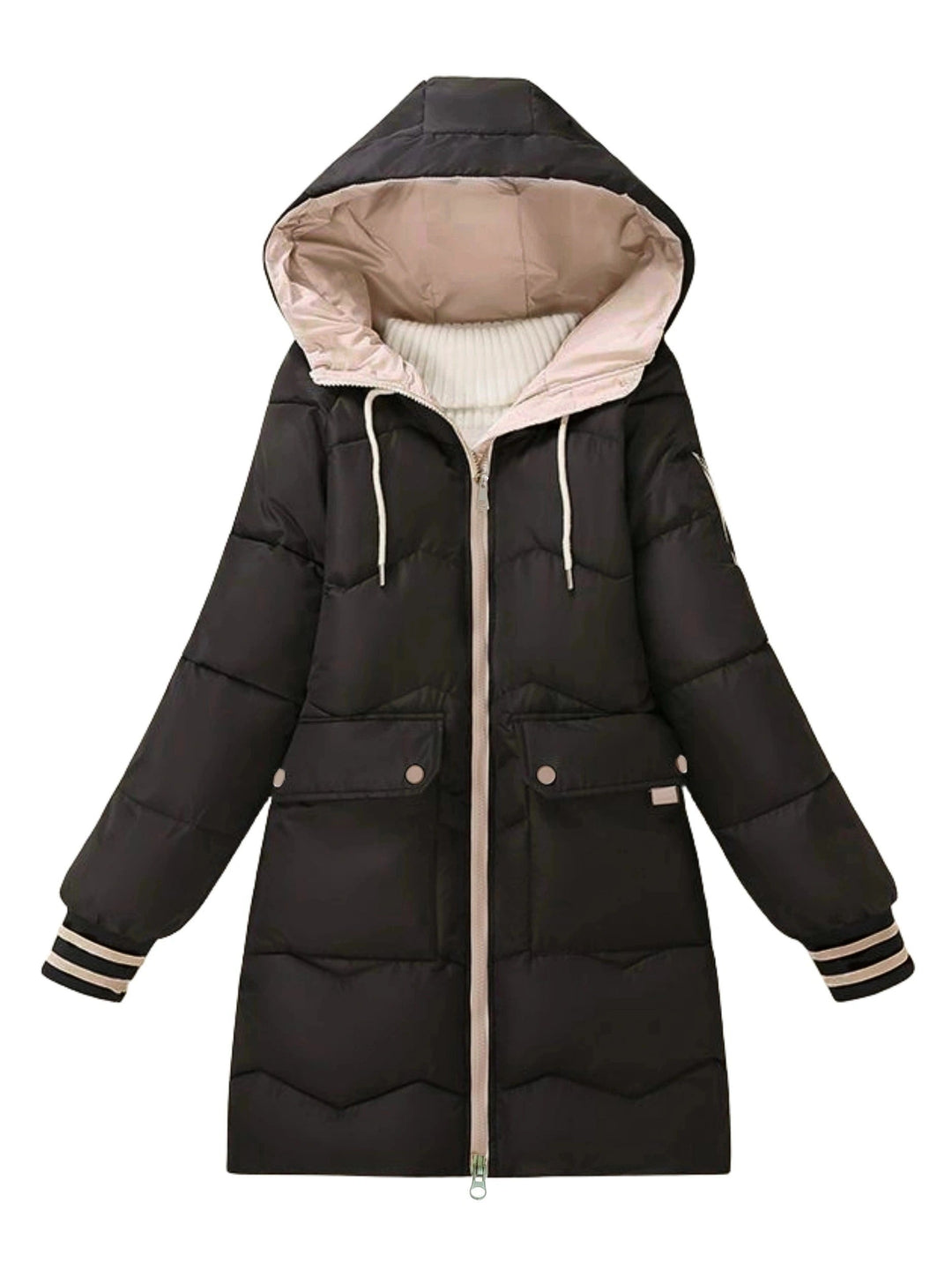 Warm Quilted Hoodie Jacket with Zip - Valencia-Black-S-The Livary