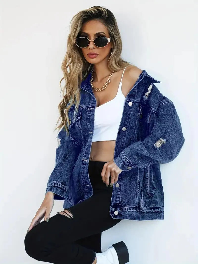 Waterproof & Lined Oversized Women's Denim Jacket with Hood – Talia-Blue-S-The Livary