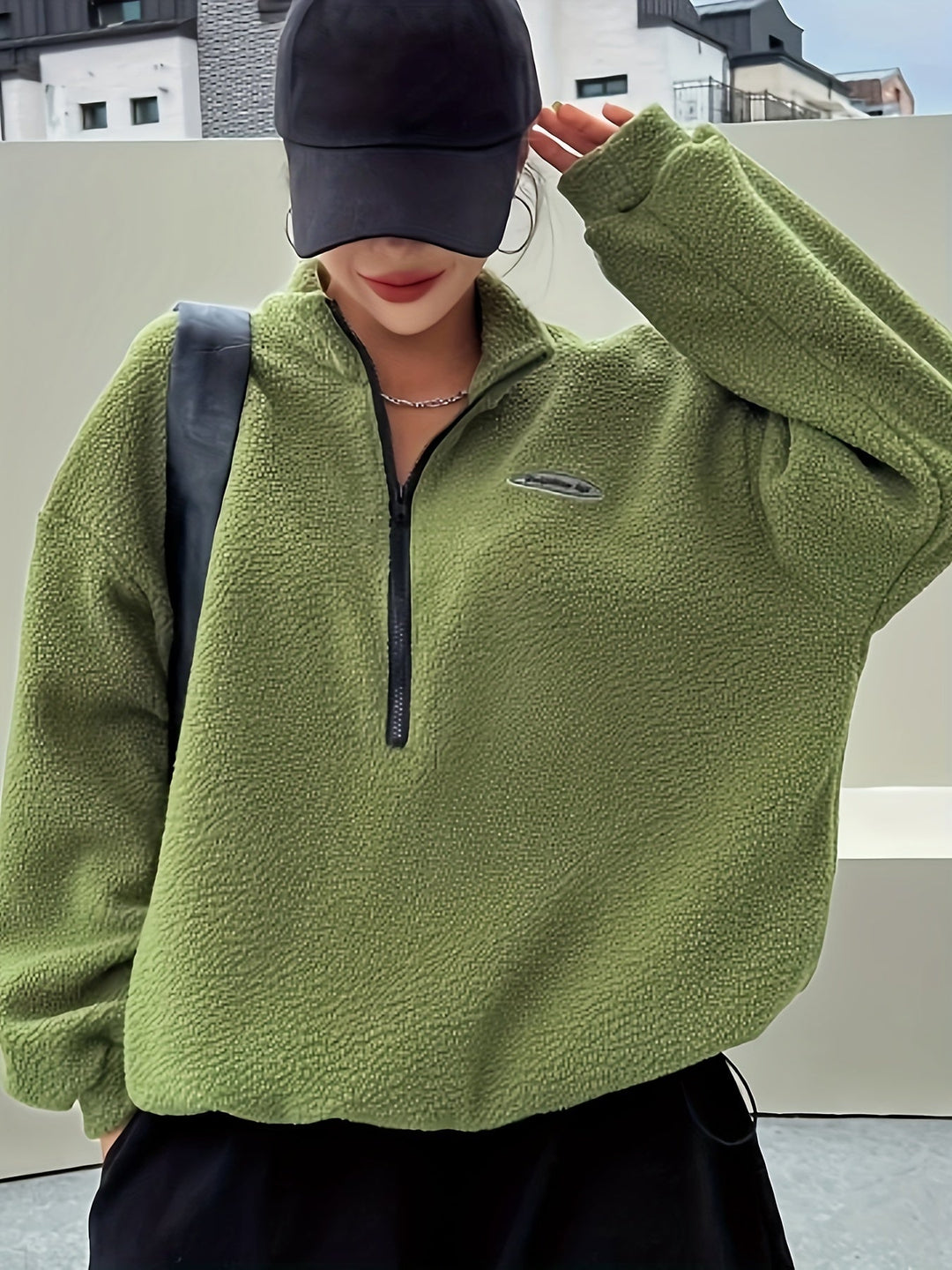 Plain Pullover Sweatshirt with Zipper - Nina-Green-S-The Livary