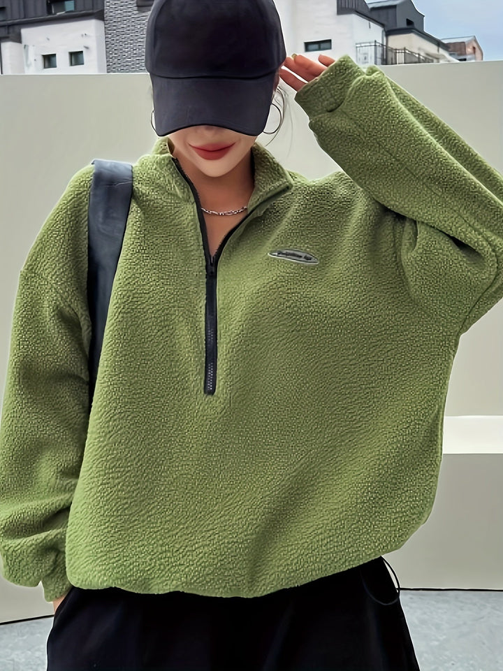 Plain Pullover Sweatshirt with Zipper - Nina-Green-S-The Livary