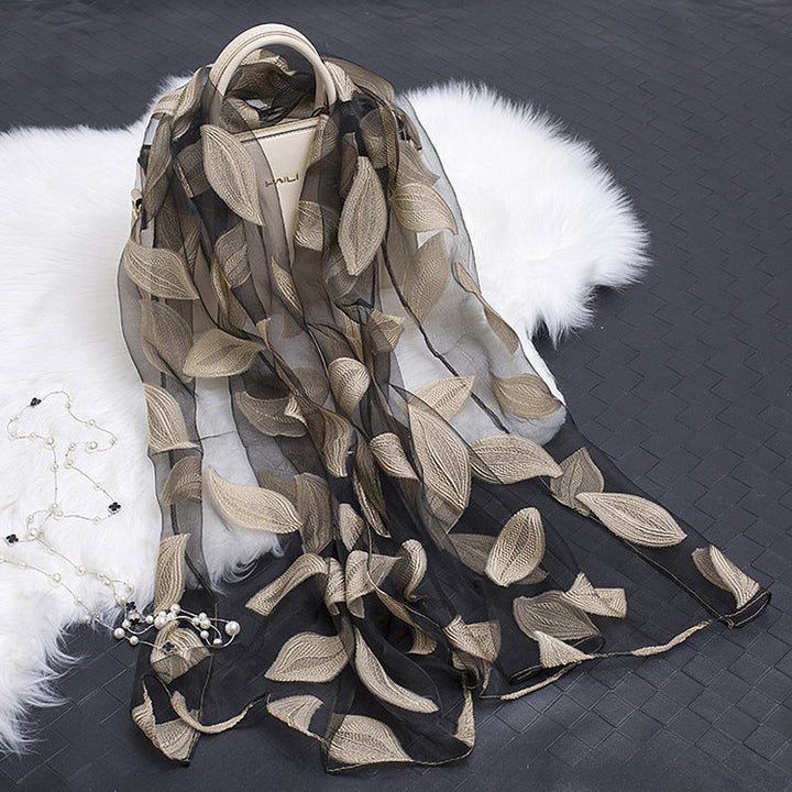 Trendy women's silk scarf with floral pattern and cut-out design – Fiora (1+1 FREE)-Beige leaves-The Livary