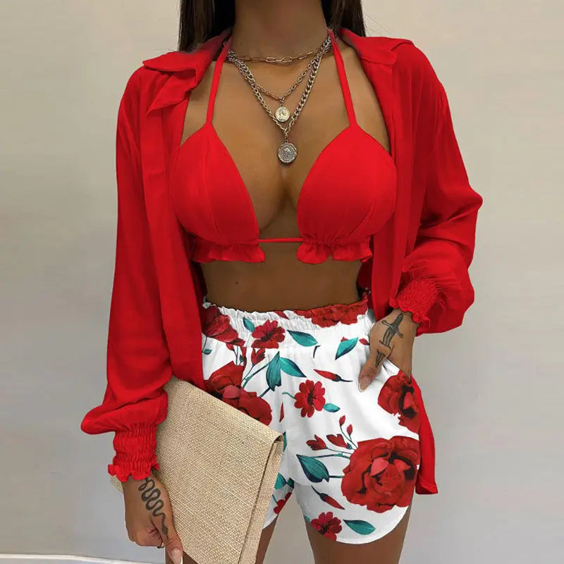 Stylish 3-piece summer outfit for the beach and pool - TropenGlow-Red patterned-S-The Livary