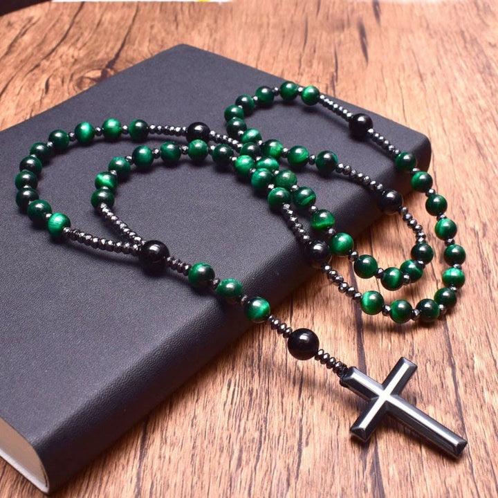 Tiger Eye and Lapis Lazuli Cross Rosary Necklace for Men - Orion-Green Tiger's Eye-The Livary