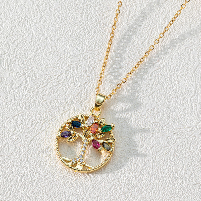 Zirconia Round Hollow Tree of Life Pendant - Necklace - Luna-White and Colourful Zircon Tree of Life-The Livary