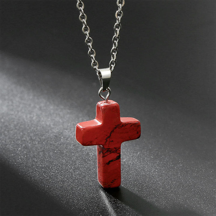 Necklace with Cross of Natural Gemstones - Seraphina-Red Jasper-The Livary