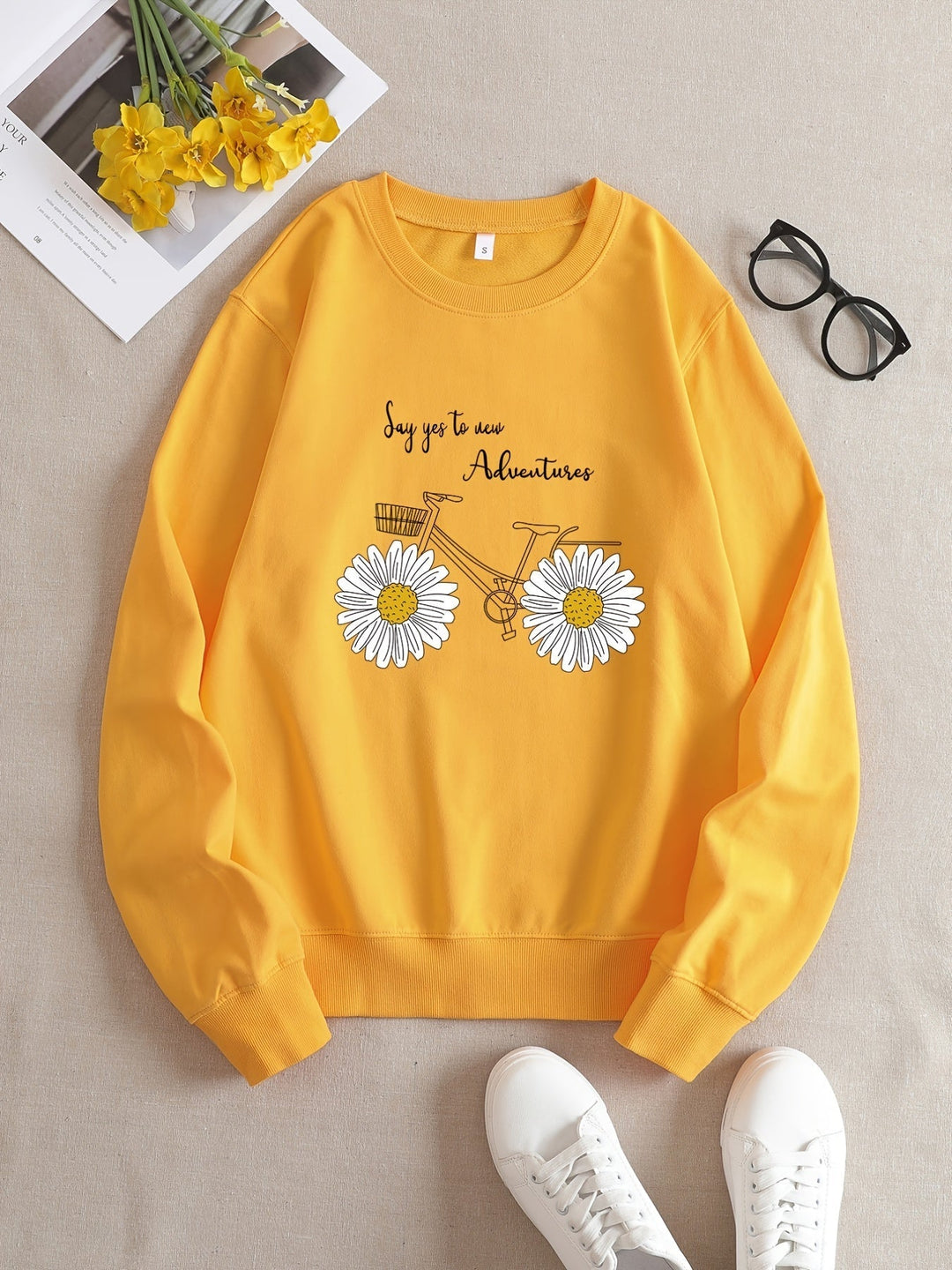 Casual Yellow Sweatshirt with Humorous Graphic Print - Elara-S-The Livary