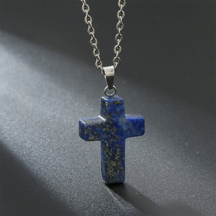 Necklace with Cross of Natural Gemstones - Seraphina-Lapis lazuli-The Livary