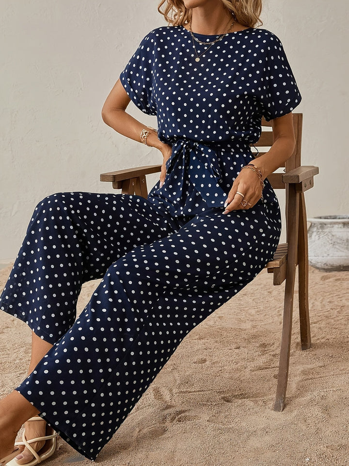 Trendy women's jumpsuit with waistband and polka dot pattern - DotJoy-S-The Livary