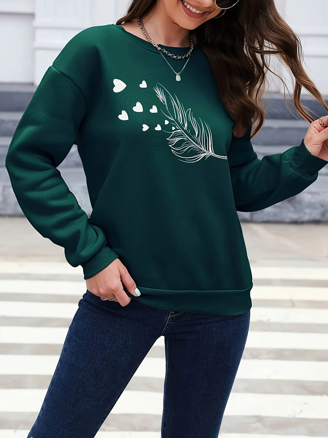 Casual Sweatshirt with Feather Print - Marisa-Dark green-S-The Livary