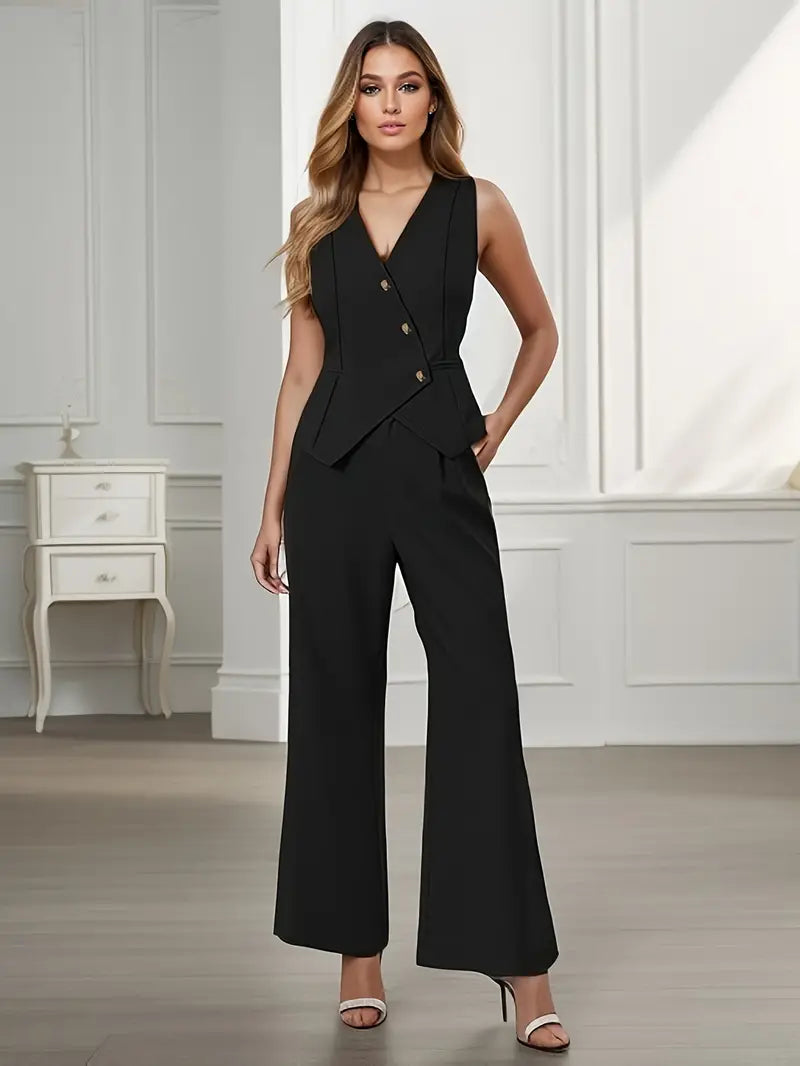 Trendy ladies' trousers suit set with waistcoat & flared trousers – Selina-Beige-XS-The Livary