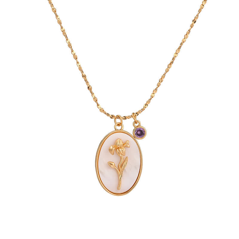 Birthstone with Birth Flowers Necklace - Aurora-February - Iris-The Livary