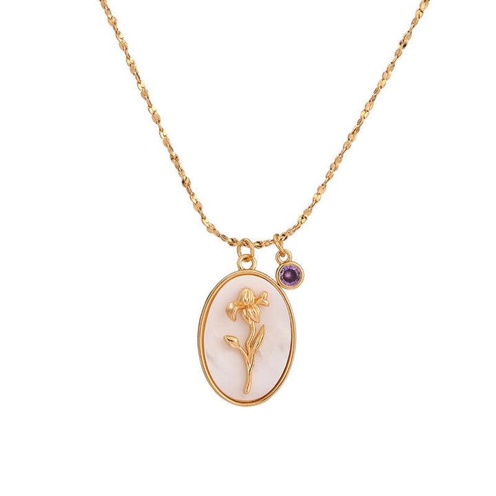 Birthstone with Birth Flowers Necklace - Aurora-February - Iris-The Livary