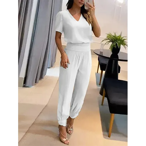 Trendy women's jumpsuit with short sleeves & wide legs – Alina-White-S-The Livary