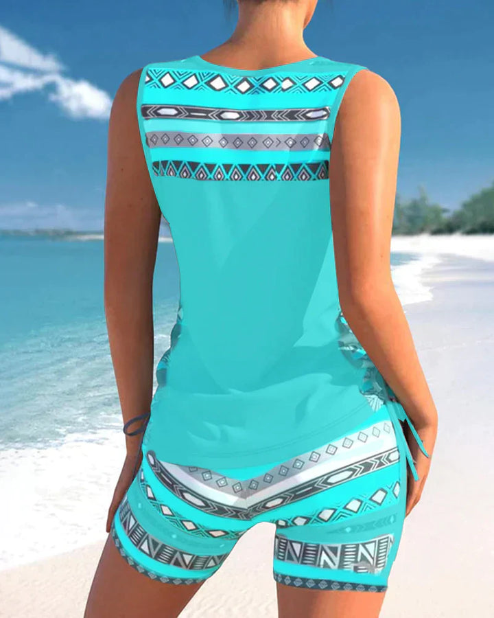Trendy swimwear with V-neck and geometric pattern – Tankini set Madonna-Gray-S-The Livary
