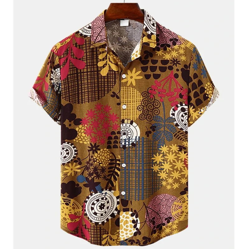Light & Stylish Tropical Shirt with Floral Pattern for Men – Mateo-Dark Brown-Yellow-S-The Livary