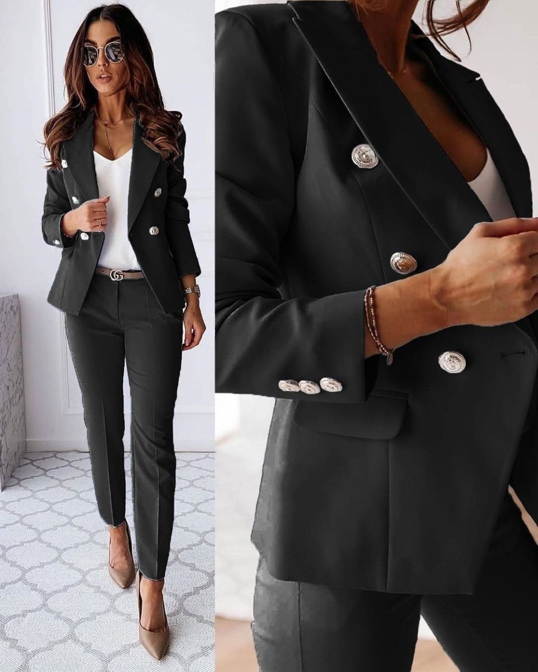Two-piece women's slim-fit set for modern business looks – Valentina-Black-S-The Livary
