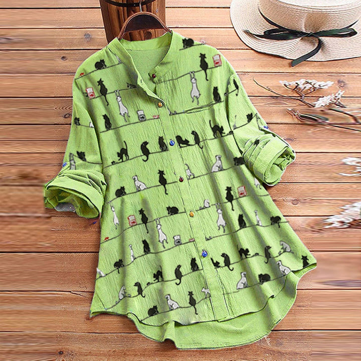 Light ladies' blouse with cat motif & button placket - Kaja-Green-S-The Livary