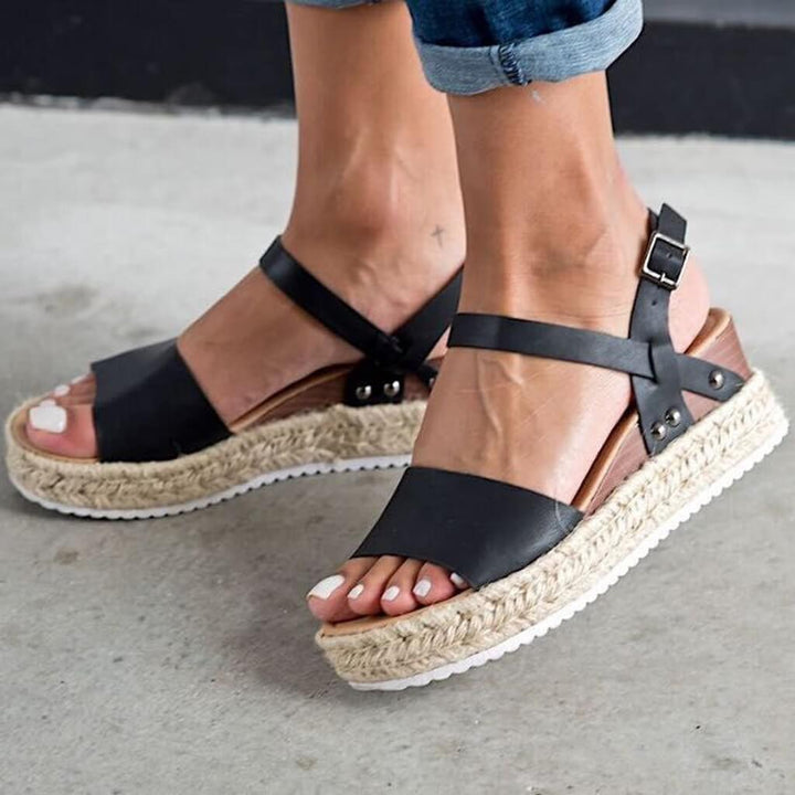 Ladies' wedge espadrille sandals with strap - Livia-Black-3-The Livary