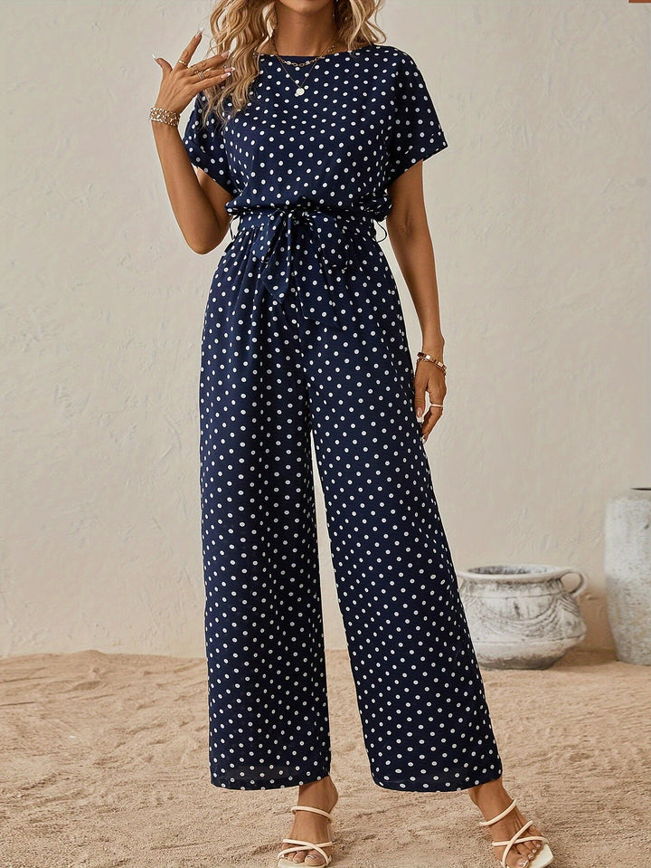 Trendy women's jumpsuit with waistband and polka dot pattern - DotJoy-S-The Livary