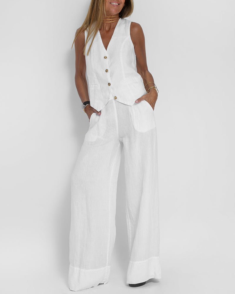 Linen 2-Piece Set with Wide Trousers and Jacket – Alma-White-S-The Livary