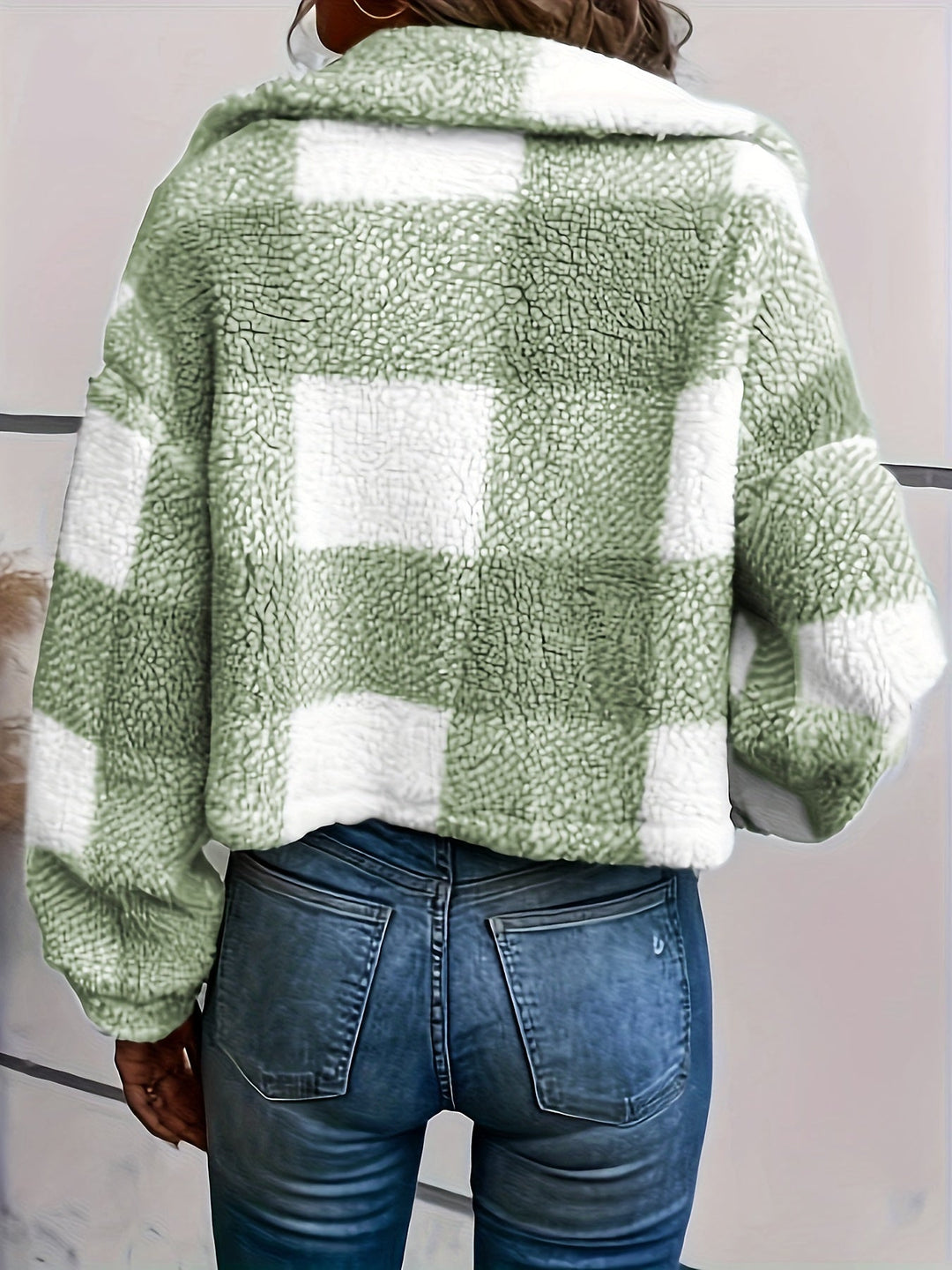Checked Teddy Jacket with Button Closure - Clara-Green-XS-The Livary