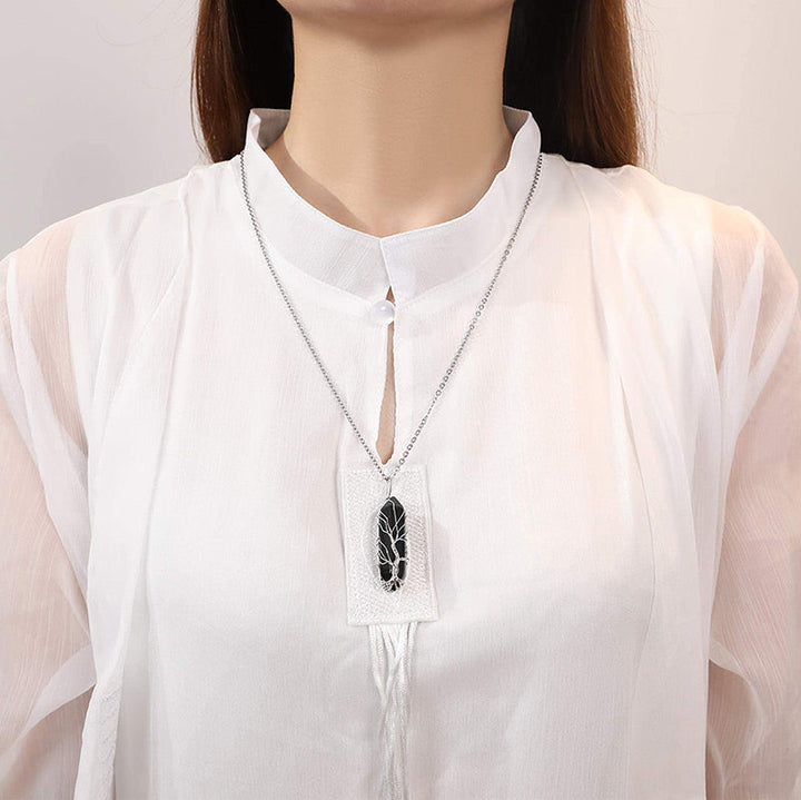 Stylish Crystal with Tree of Life Gemstone Necklace - Elara-Green Aventurine-The Livary