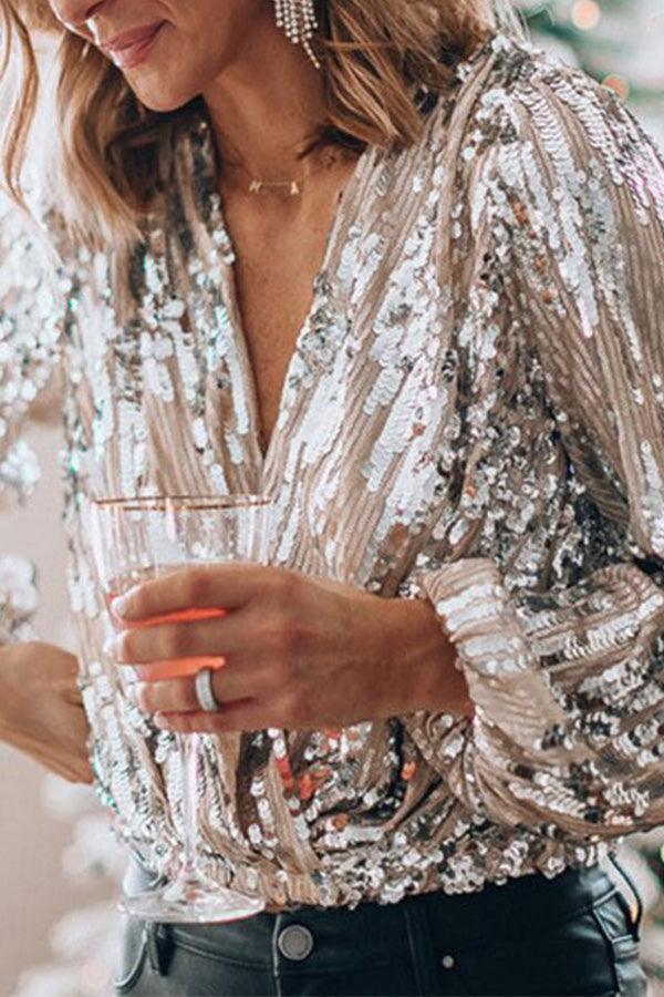 Sparkling & Stylish Women's Glitter V-Neck Long Sleeve Top – Naya-XS-The Livary