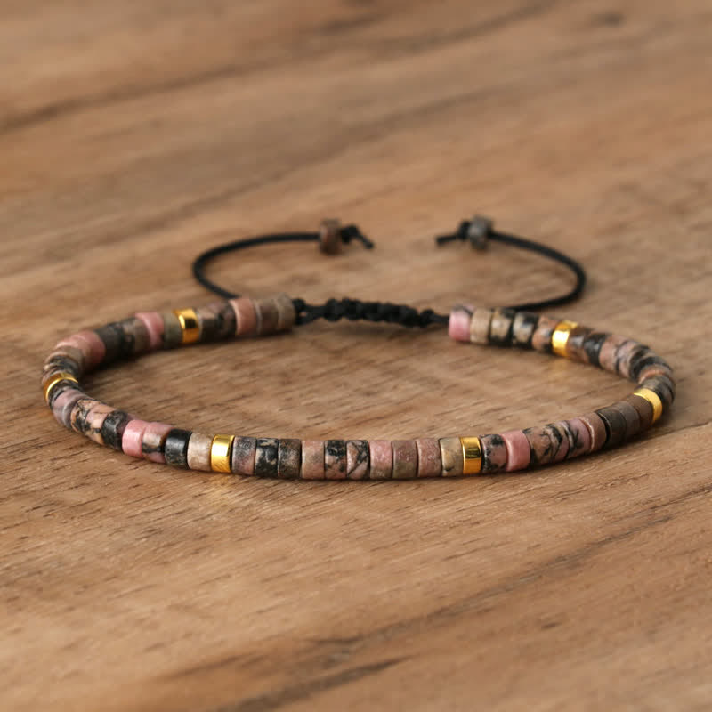 Braided Bracelet with 2.4 mm Natural Stone Rollers - Seraphina-Rhodonite-The Livary