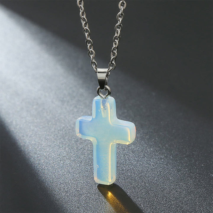 Necklace with Cross of Natural Gemstones - Seraphina-Opal-The Livary