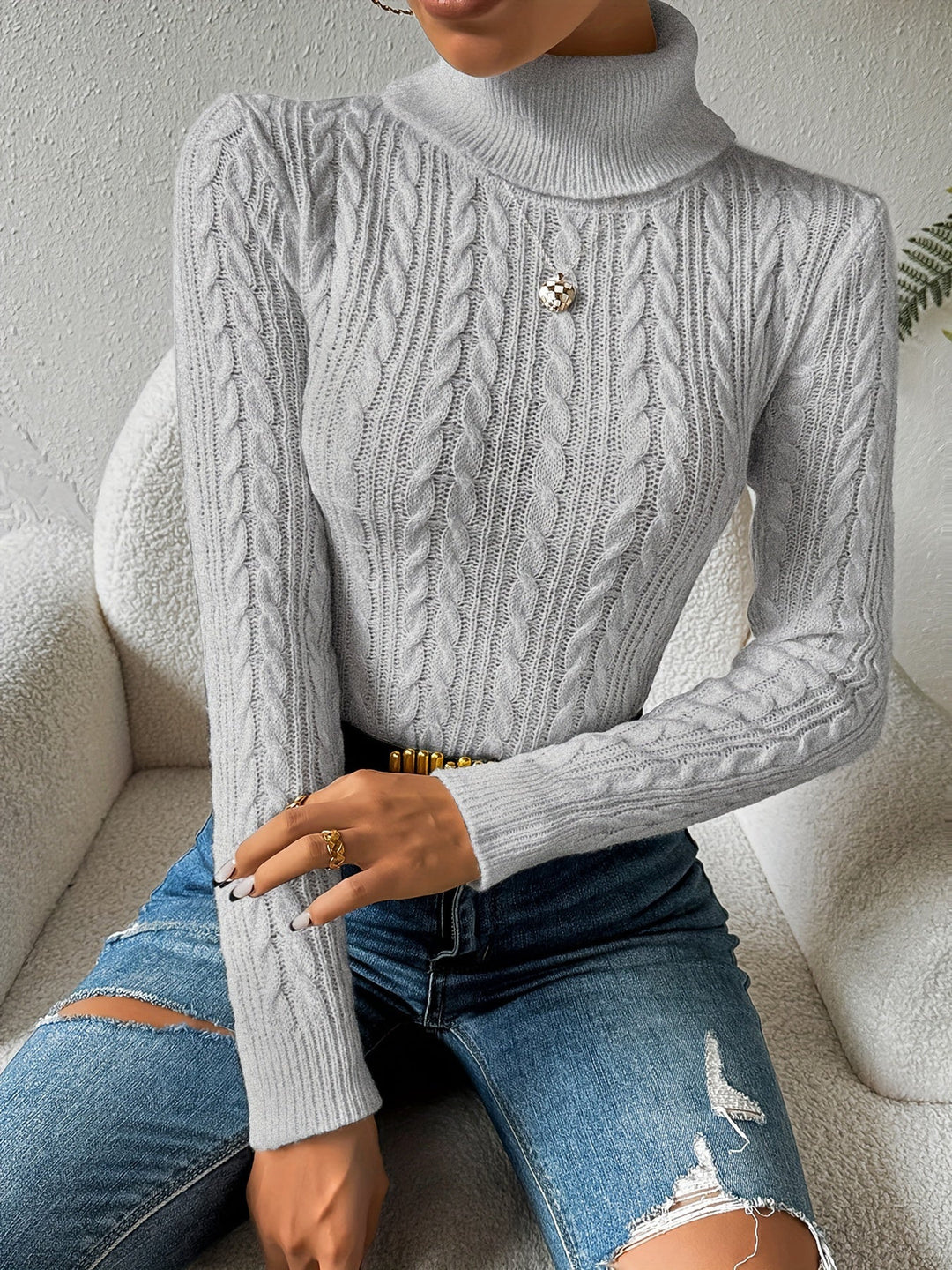 Plain Cable Knit Sweater for Women - Amara-Grey-S-The Livary