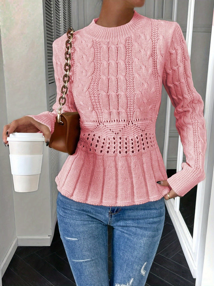 Chunky Cable Knit Sweater with Round Neck - Elena-Pink-S-The Livary
