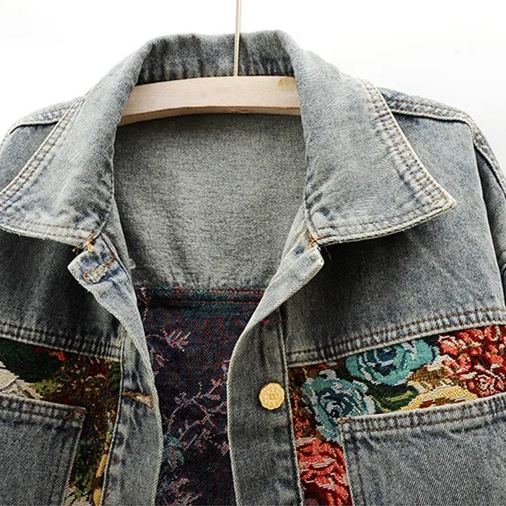 Trendy Flower Denim Jacket for Women - Amaline-Dark blue-XS-The Livary
