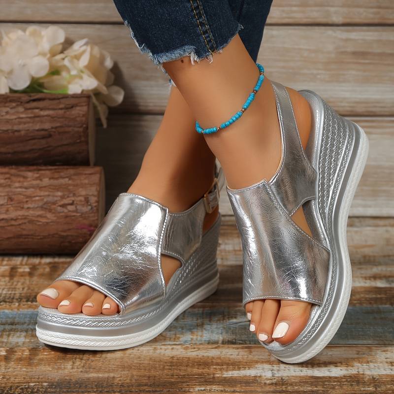 Stylish women's orthopedic summer shoes with wedge heel & fringe – Tilda-3.5-Silver-The Livary